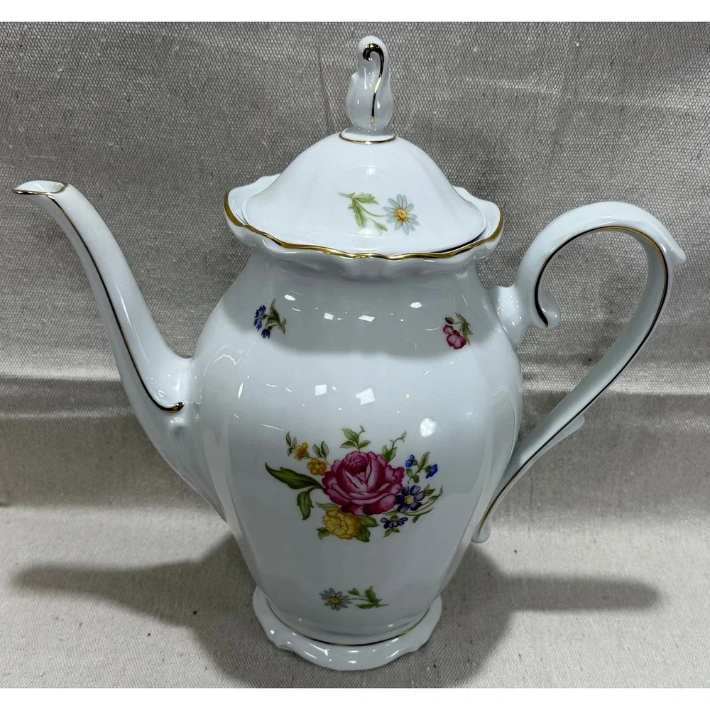 Schumann Arzberg Bavaria Germany Porcelain Coffee Pot Floral Rose Gold Trim 11in
